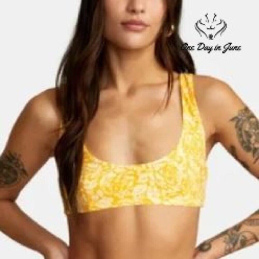 RVCA Forever Bralette Reversible Bikini Top Yellow Floral NWT $58 Size S